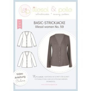 Titelblatt Papierschnittmuster lillesol women No. 59 Basic-Strickjacke mit Technischen Zeichnungen und brauner Strickjacke