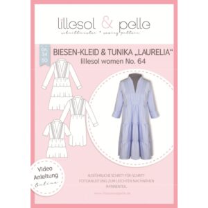 Titelblatt Papierschnittmuster lillesol women No. 64 Biesenkleid und Tunika LAURELIA mit Technischen Zeichnungen und fliederfarbenem Kleid