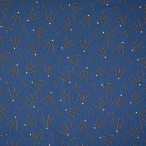 Beschichteter Canvas mit Sternschnuppen in Ocker und Weiss auf Blau, flach liegende Ware