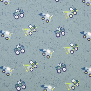 French Terry leggero con mezzi da cantiere su fondo a schizzi blu grigio, tessuto disteso