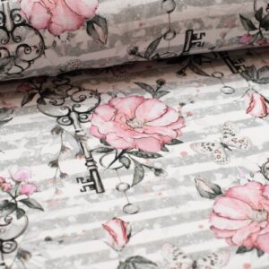 French Terry à imprimé Flowerkey, roses roses et clés sur fond rayé gris