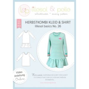 Page de couverture du patron papier lillesol basics No. 26 ensemble d'automne robe et t-shirt avec dessins techniques et robe à rayures
