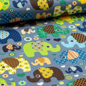 Baumwolljersey mit bunt gemusterten Elefanten auf blaugrau
