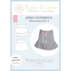 Titelblatt Papierschnittmuster lillesol basics No. 3 Jersey-Stufenrock mit Technischen Zeichnungen und grauem Rock