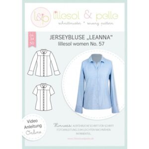 Page de couverture du patron papier lillesol women No. 57 blouse en jersey LEANNA avec dessins techniques et blouse bleu clair