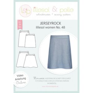 Titelblatt Papierschnittmuster lillesol women No. 48 Jerseyrock mit Technischen Zeichnungen und blauem Rock