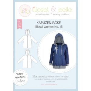 Page de couverture du patron papier lillesol women No. 15 veste à capuche avec dessins techniques et veste bleue