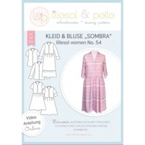 Titelblatt Papierschnittmuster lillesol women No. 54 Kleid und Bluse SOMBRA mit Technischen Zeichnungen und rosa Kleid