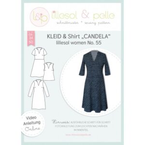 Page de couverture du patron papier lillesol women No. 55 robe et t-shirt CANDELA avec dessins techniques et robe foncée