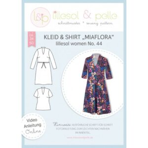 Titelblatt Papierschnittmuster lillesol women No. 44 Kleid und Shirt MIAFLORA mit Technischen Zeichnungen und geblümtem Kleid
