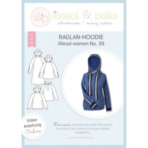 Page de couverture du patron papier lillesol women No. 39 sweat à capuche raglan avec dessins techniques et sweat à capuche bleu