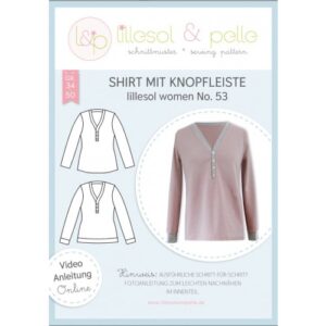 Titelblatt Papierschnittmuster lillesol women No. 53 Shirt mit Knopfleiste, Technische Zeichnungen und altrosa Shirt