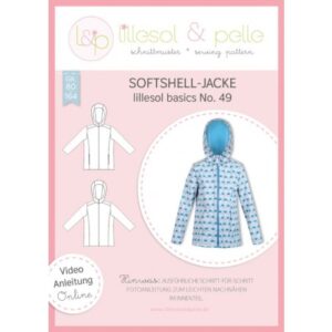 Titelblatt Papierschnittmuster lillesol basics No. 49 Softshell-Jacke mit Technischen Zeichnungen und hellblauer Kinderjacke