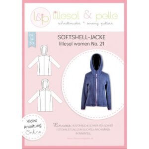 Titelblatt Papierschnittmuster lillesol women No. 21 Softshelljacke mit Technischen Zeichnungen und blauer Jacke