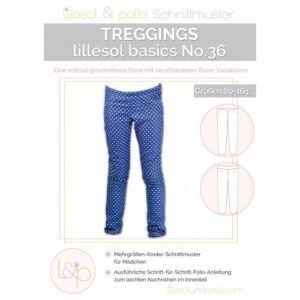 Page de couverture du patron papier lillesol basics No. 36 Treggings avec dessins techniques et pantalon à motifs