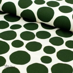 Jersey crêpe di viscosa con grandi pois verde scuro su bianco lana, tessuto disteso