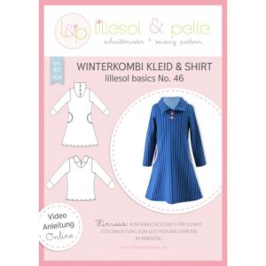 Page de couverture du patron papier lillesol basics No. 46 ensemble d'hiver robe et t-shirt avec dessins techniques et robe bleue