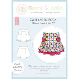 Titelblatt Papierschnittmuster lillesol basics No. 17 Zwei-Lagen-Rock mit Technischen Zeichnungen und gepunktetem Rock